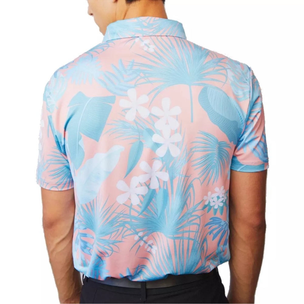 Bad Birdie Blue and Coral Polo Shirt with ‘Riviera’ Tropical Print - Picture 2 of 3